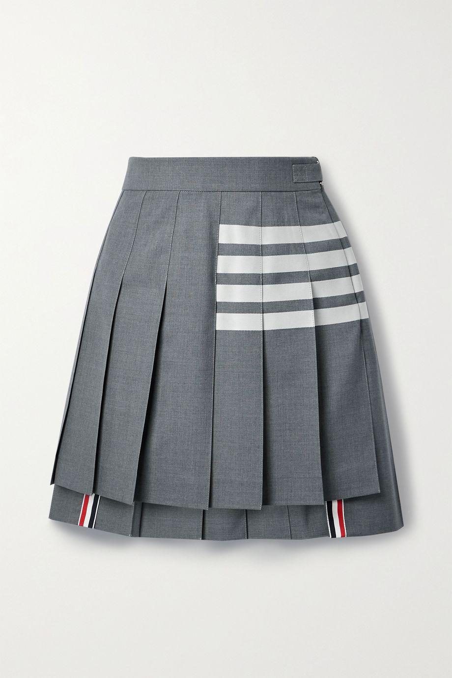 Grosgrain-trimmed pleated striped wool mini skirt by THOM BROWNE
