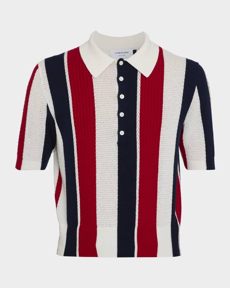Men's Cashmere Shadow Stripe Knit Polo Shirt by THOM BROWNE