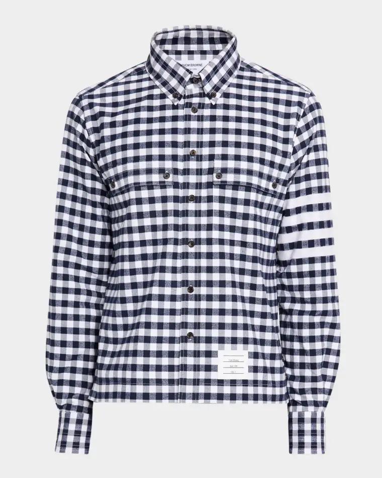 Men's Gingham Check Flannel 4-Bar Utility Shirt by THOM BROWNE Men's Gingham Check Flannel 4-Bar Utility Shirt by THOM BROWNE