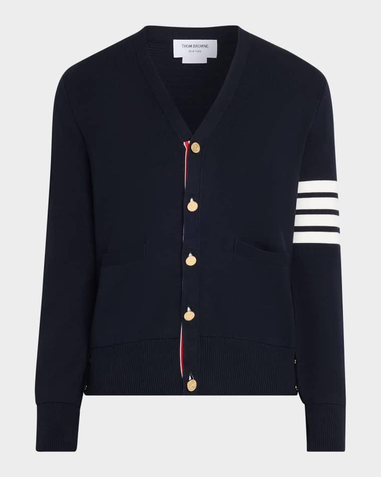 Men's Milano Stitch V Neck Cardigan In Cotton W 4 Bar Stripe by THOM BROWNE