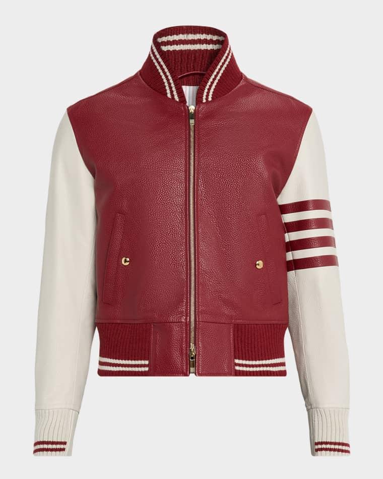 Men's Striped Leather Varsity Jacket by THOM BROWNE Men's Striped Leather Varsity Jacket by THOM BROWNE