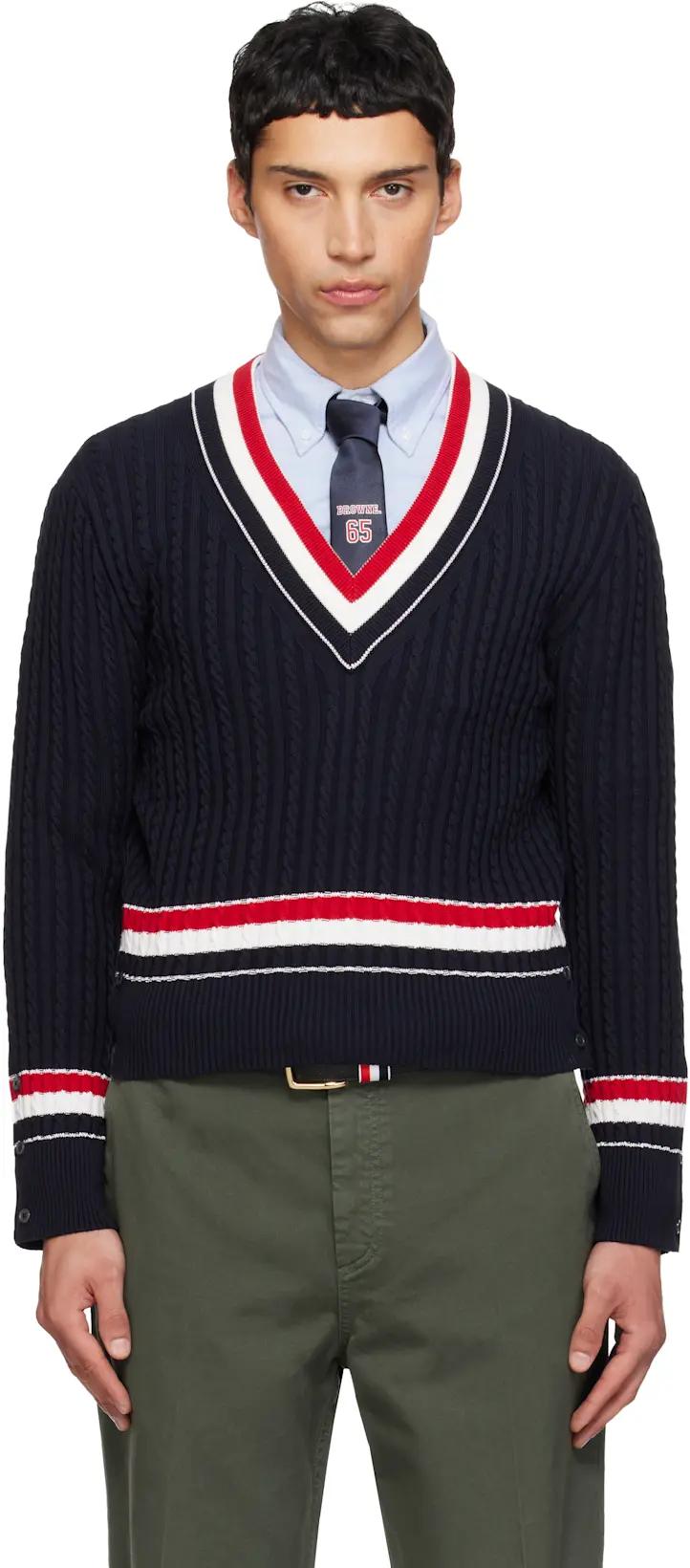 Navy Cable V Neck Sweater by THOM BROWNE