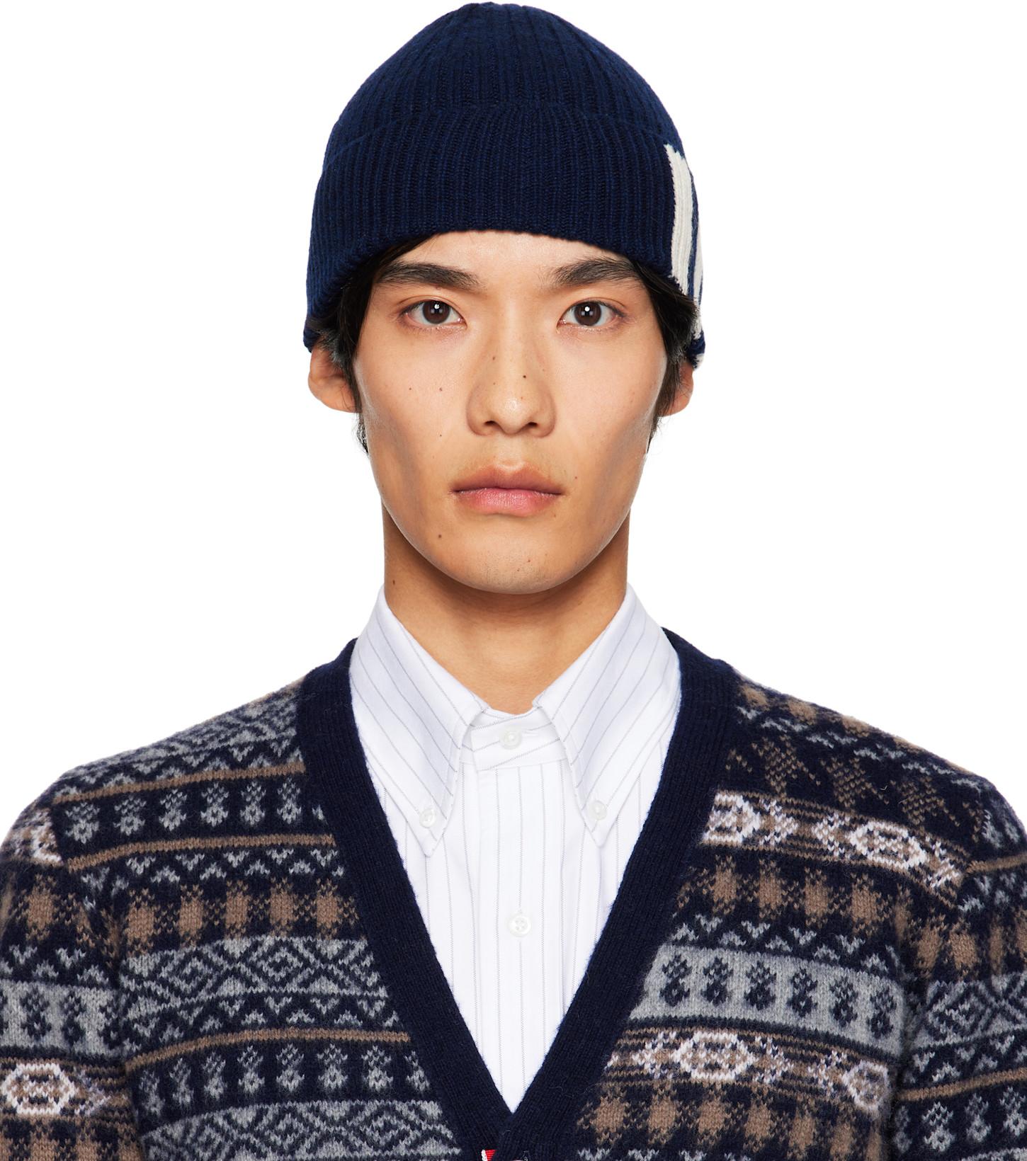 Navy Cashmere 4-Bar Cuff Beanie by THOM BROWNE