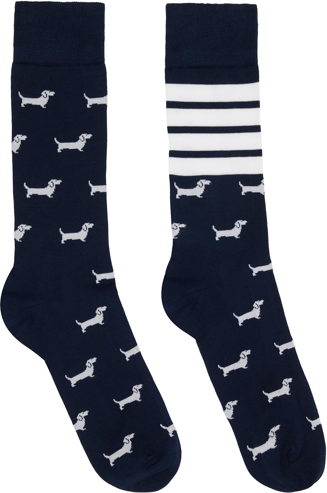 Navy Cotton 4-Bar Hector Mid Calf Socks by THOM BROWNE