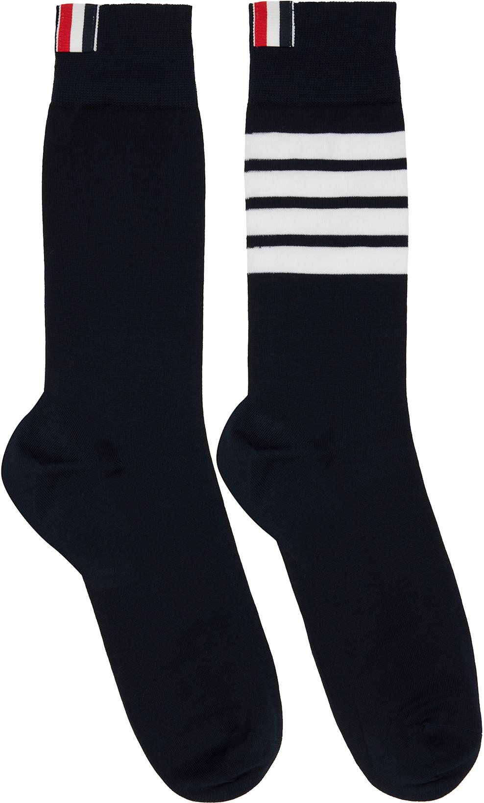 Navy Cotton 4-Bar Mid Calf Socks by THOM BROWNE
