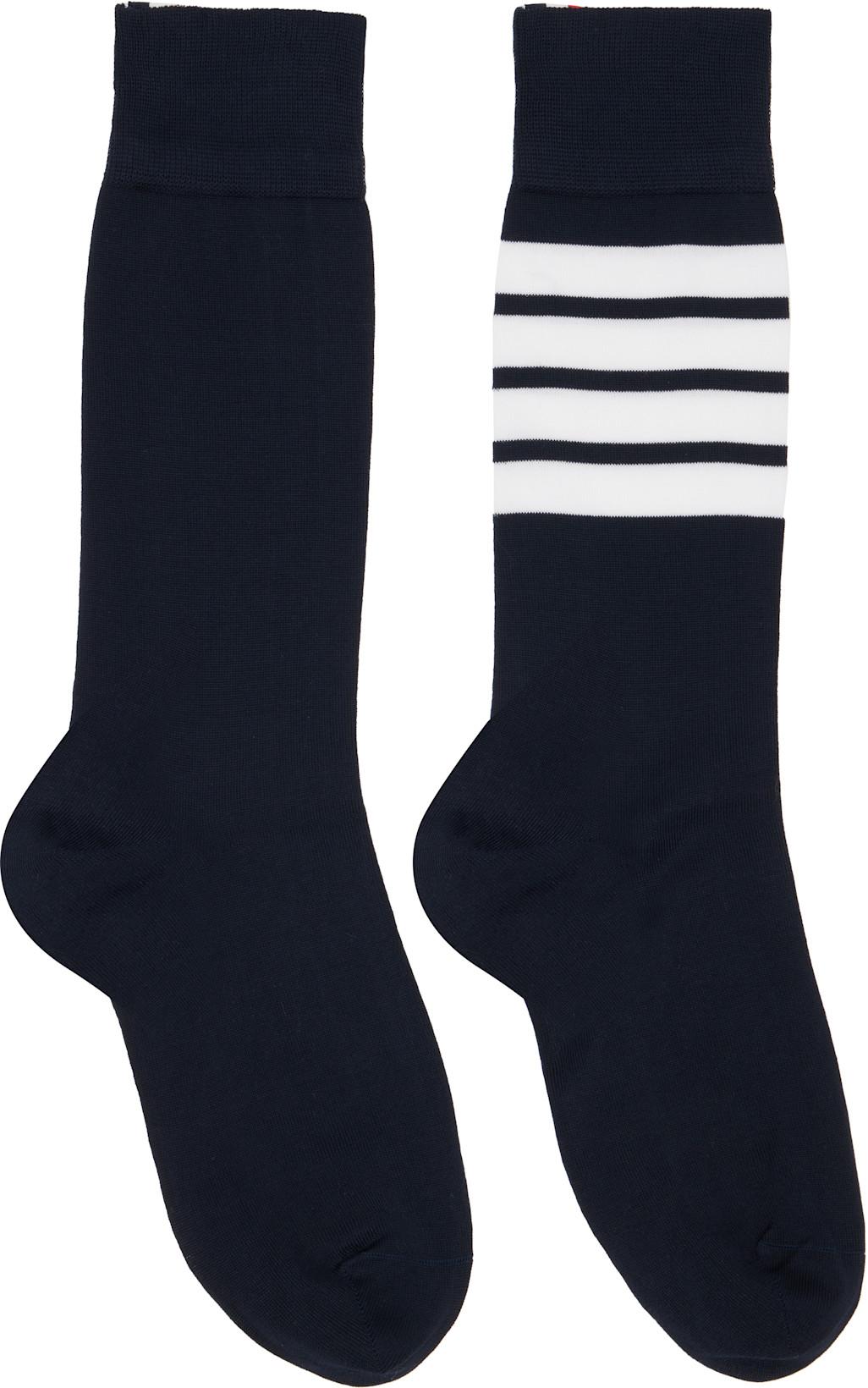 Navy Cotton 4-Bar Mid Calf Socks by THOM BROWNE