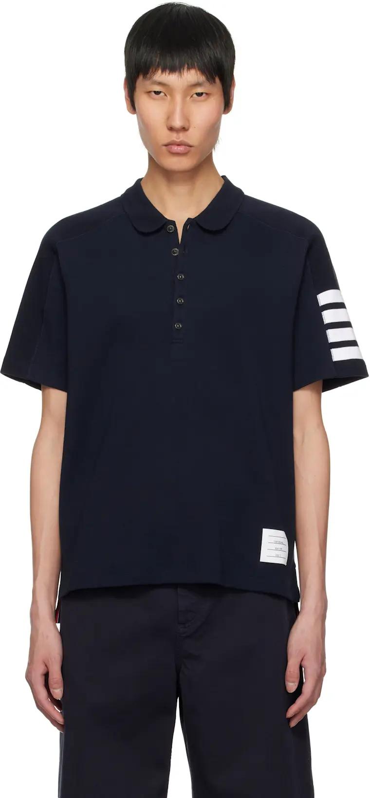 Navy Cotton 4-Bar Short Sleeve Polo by THOM BROWNE