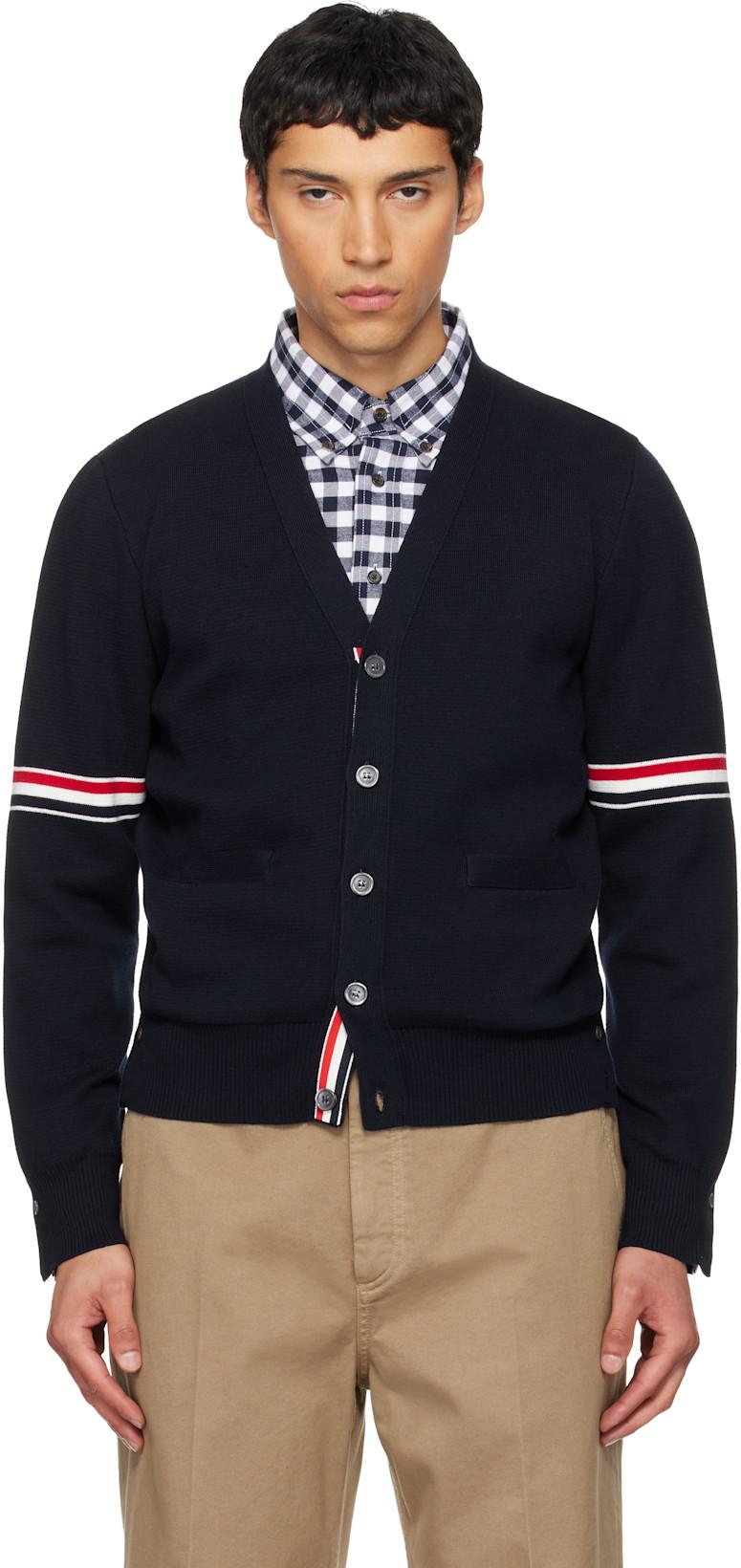 Navy Cotton Milano Stitch V-Neck Cardigan by THOM BROWNE