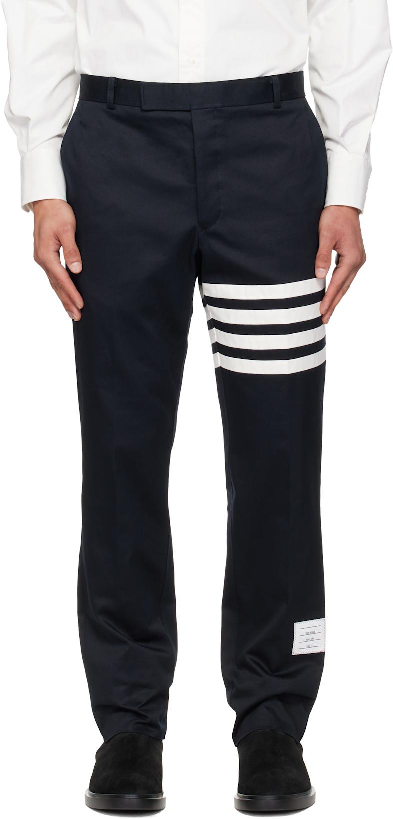 Navy Cotton Twill 4-Bar Unconstructed Chino Trousers by THOM BROWNE