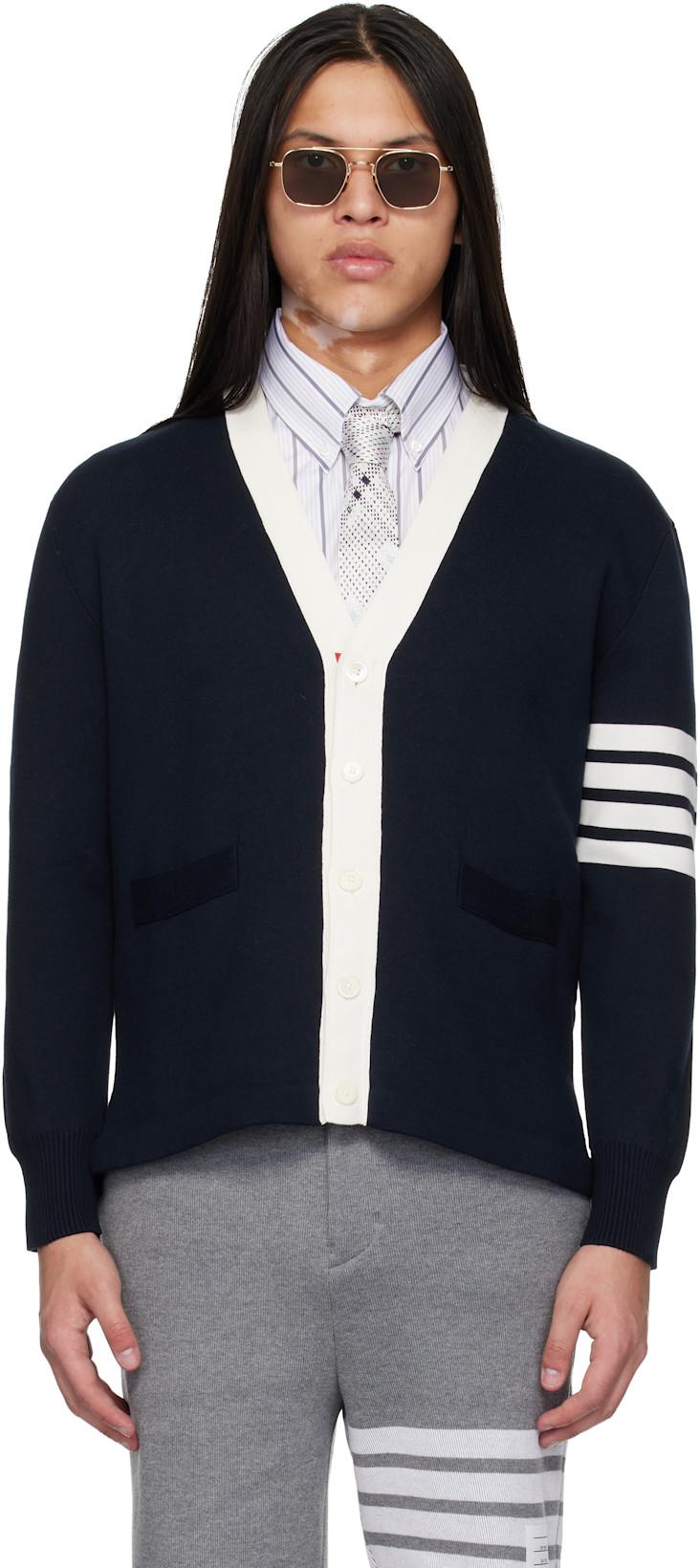 Navy Crest Intarsia Jacquard 4-Bar Rugby Fit Cardigan by THOM BROWNE