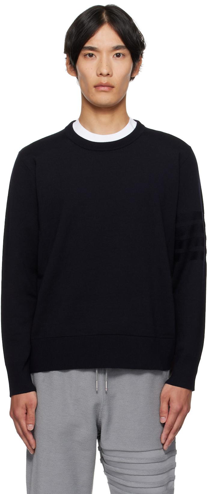 Navy Double Face Crew New 4-Bar Sweater by THOM BROWNE