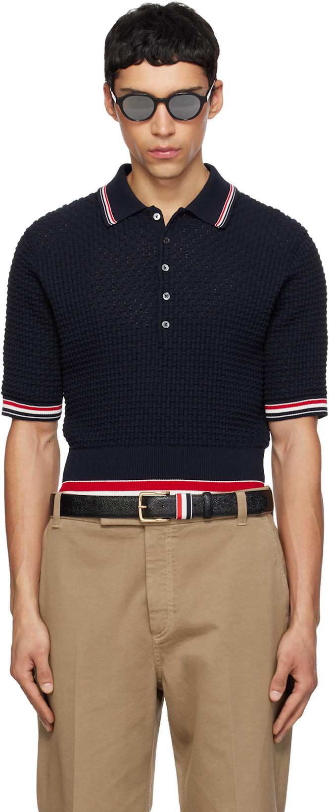 Navy Float Ripple Stitch RWB Stripe Polo by THOM BROWNE
