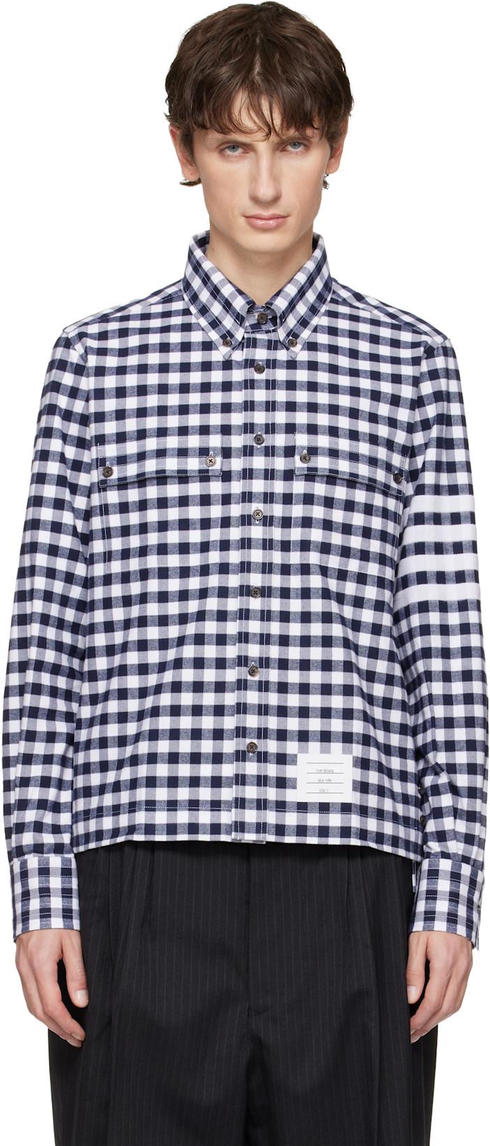 Navy Gingham Check Flannel 4-Bar Utility Shirt by THOM BROWNE Navy Gingham Check Flannel 4-Bar Utility Shirt by THOM BROWNE
