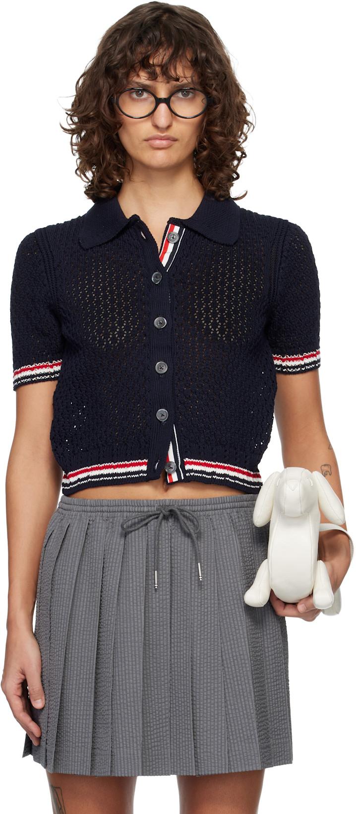 Navy Hector Pointelle Short Sleeve Cardigan by THOM BROWNE