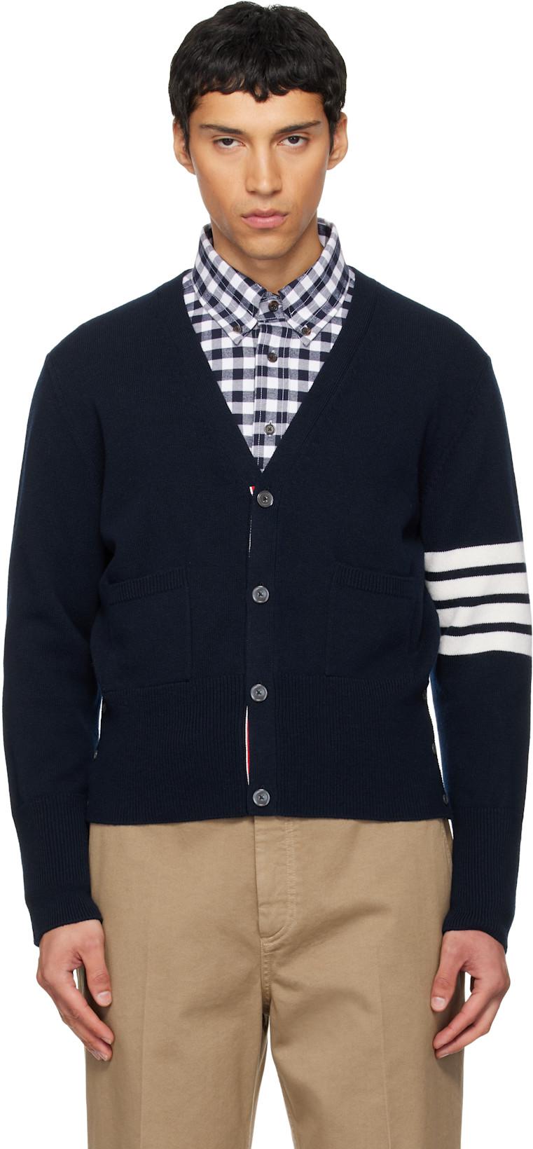 Navy Intarsia Horse Merino Wool 4-Bar Cardigan by THOM BROWNE