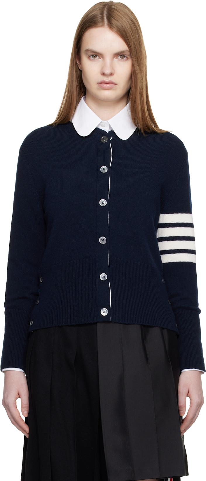 Navy Jersey Intarsia Classic Fit 4-Bar Cardigan by THOM BROWNE