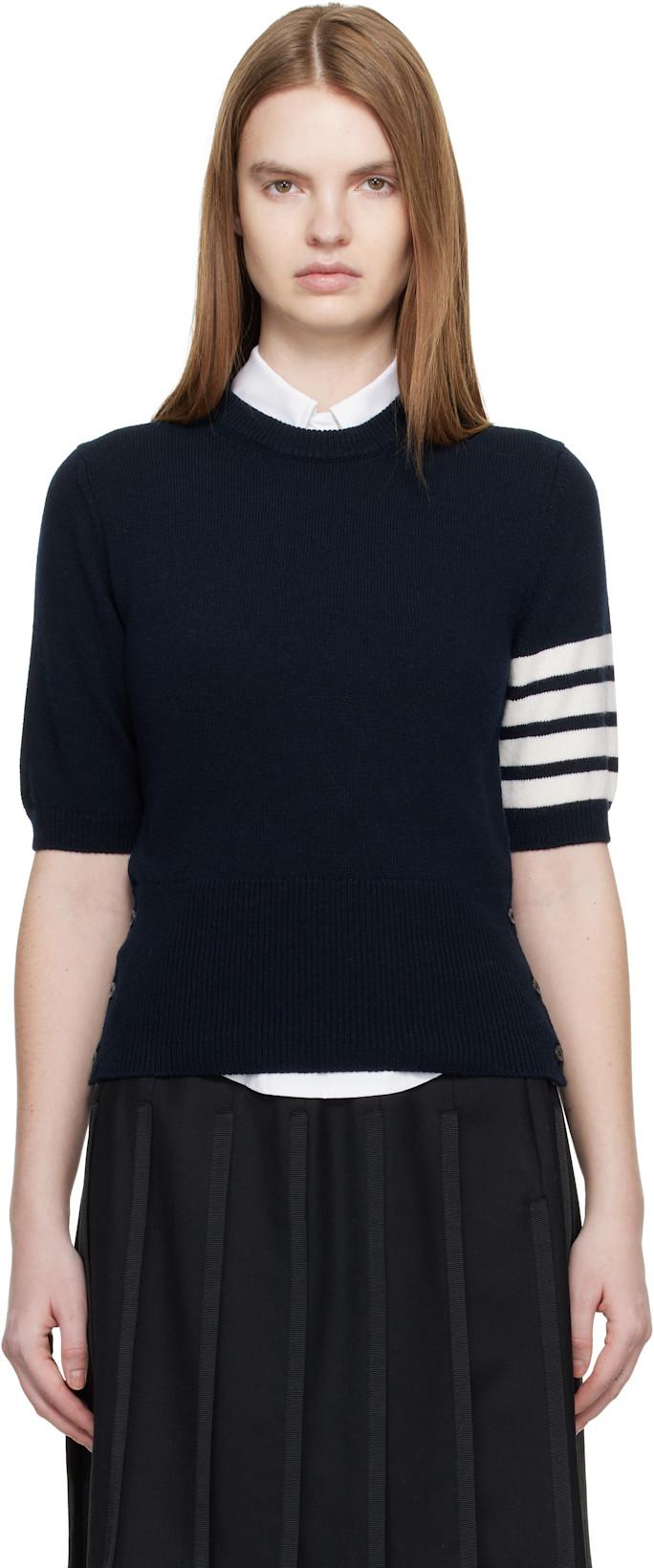 Navy Jersey Intarsia Classic Fit 4-Bar T-shirt by THOM BROWNE