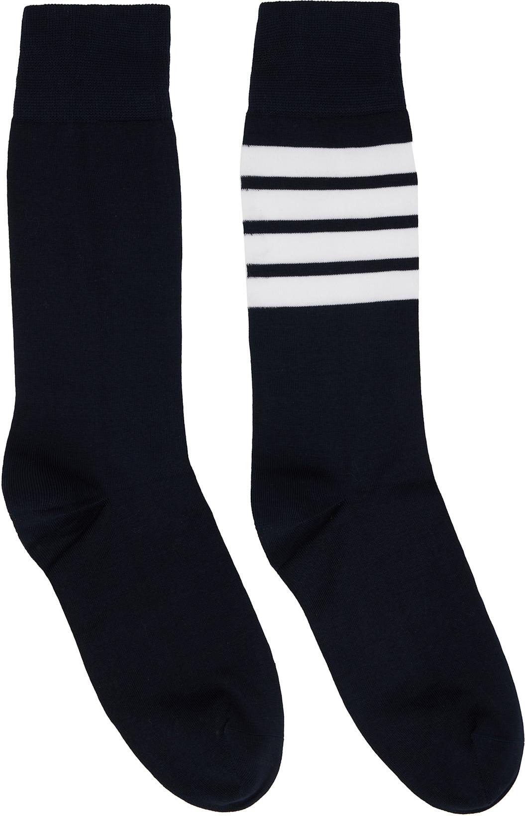 Navy Lightweight Cotton 4-Bar Mid Calf Socks by THOM BROWNE