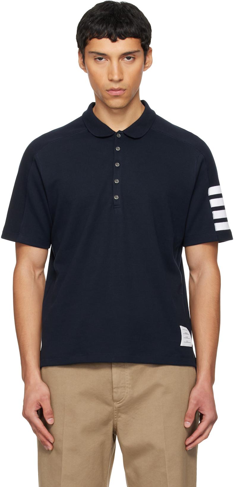 Navy Milano Cotton 4-Bar Polo by THOM BROWNE