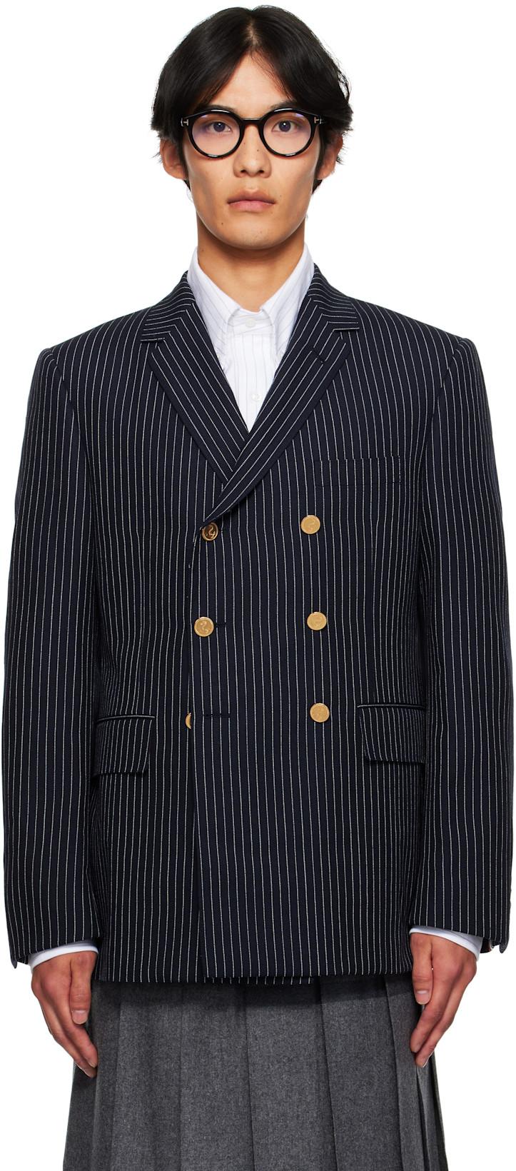Navy Pinstripe High Twist Wool Sportcoat Blazer by THOM BROWNE