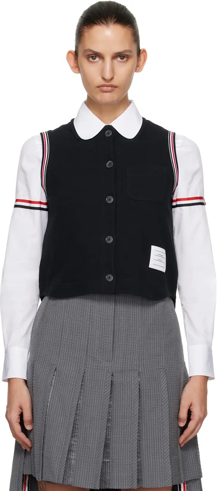 Navy Pique RWB Trim Sleeveless Shirt by THOM BROWNE