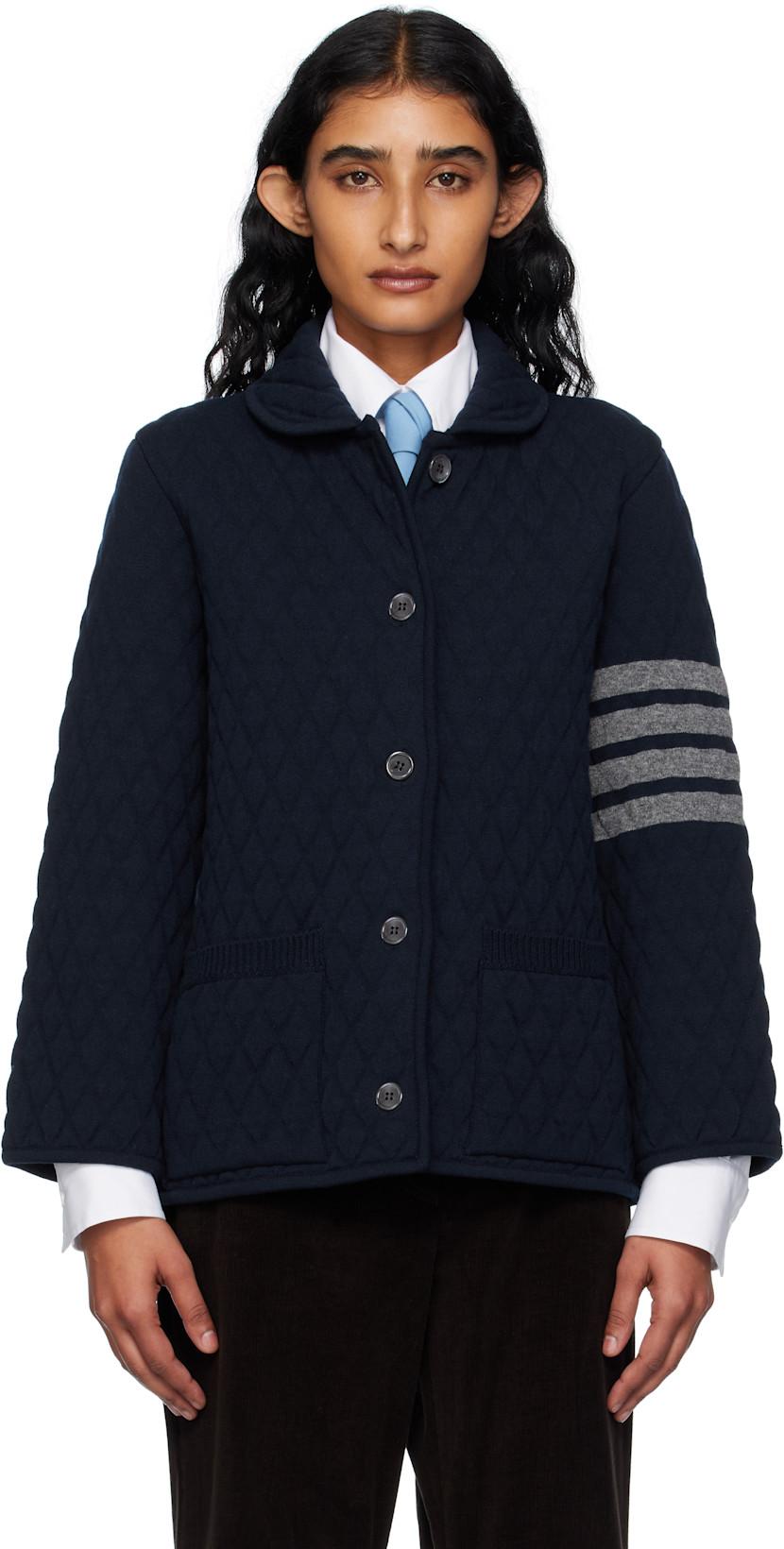 Navy Quilted Knit Merino Wool 4-Bar Work Jacket by THOM BROWNE