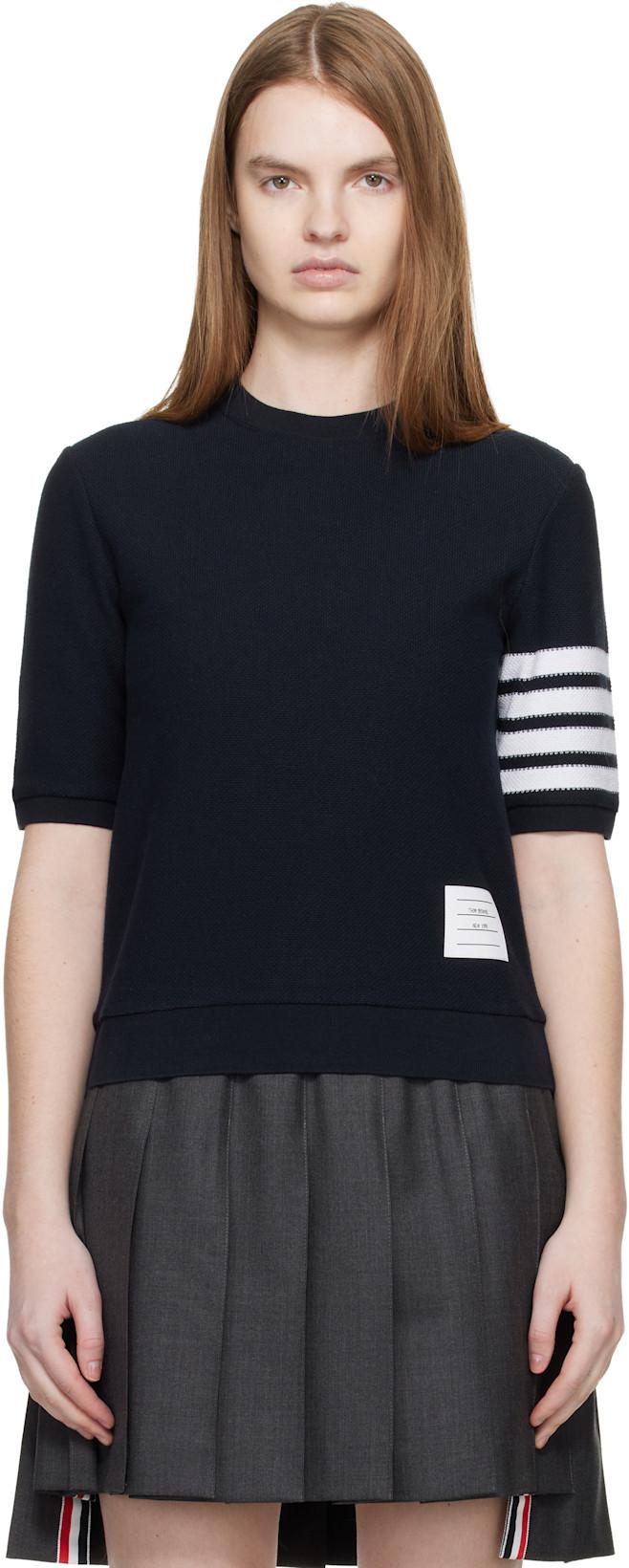 Navy Textured Cotton Pique 4-Bar T-shirt by THOM BROWNE