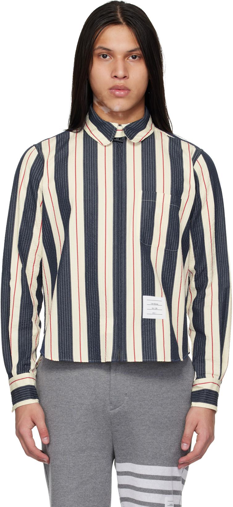 Navy & White Stripe Seersucker Zip Shirt by THOM BROWNE