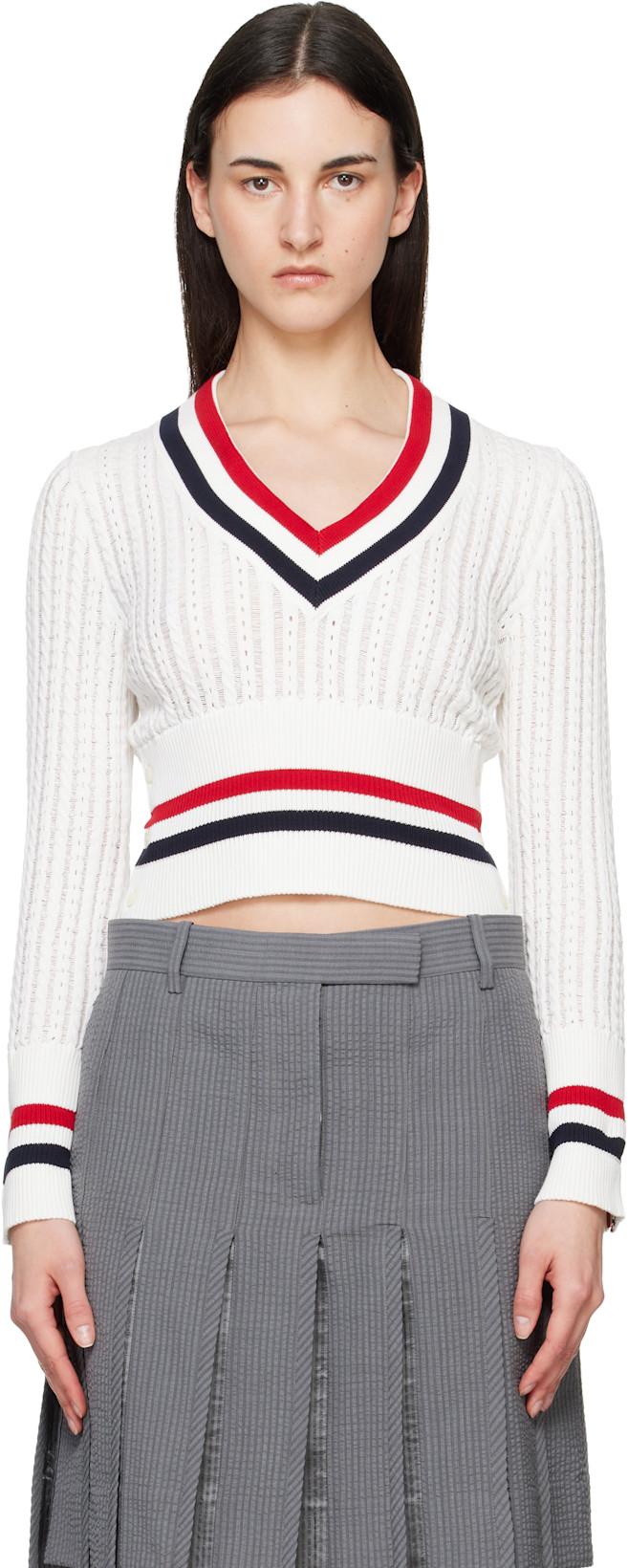 Off-White Baby Ladder Cable Shrunken V Neck Sweater by THOM BROWNE