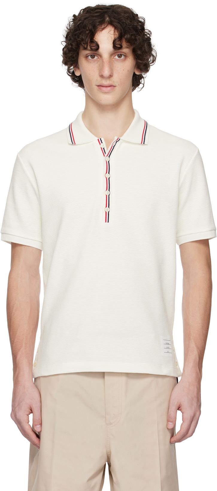 Off-White Cotton Waffle Rib Cuff Polo by THOM BROWNE