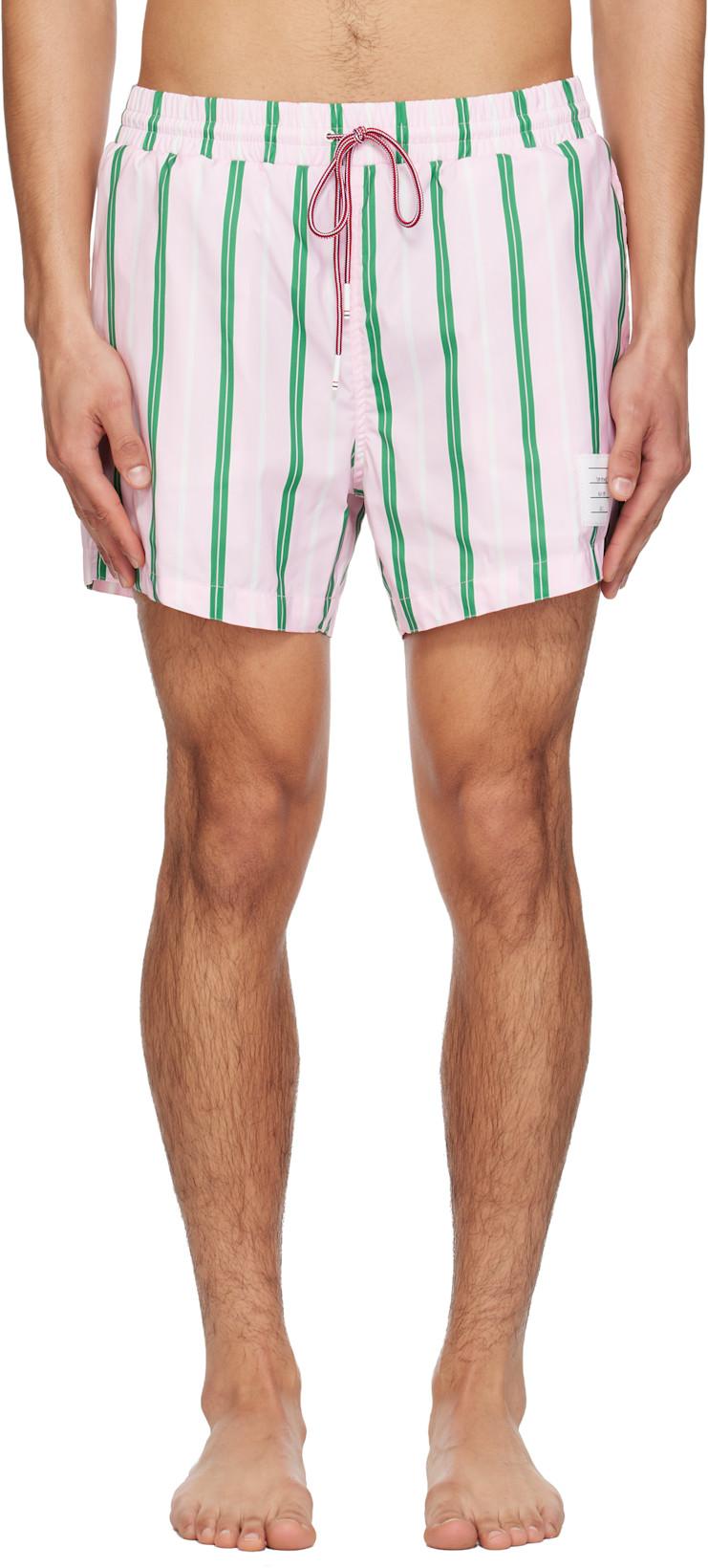 Pink Drawcord Waist Stripe Print Swim Shorts by THOM BROWNE