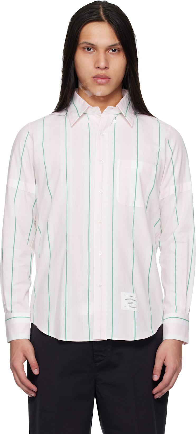 Pink & White Madras Cotton Classic Stripe Armband Shirt by THOM BROWNE