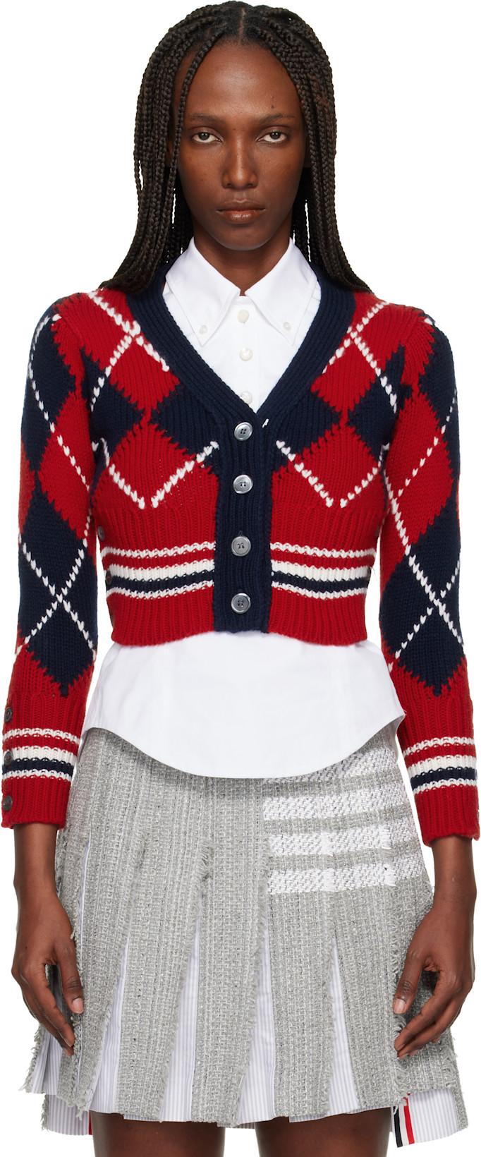Red Argyle Intarsia Merino Wool Shrunken Cardigan by THOM BROWNE