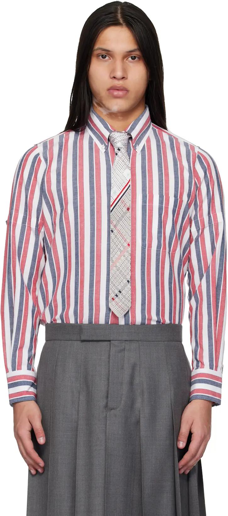 Red & Gray Madras Cotton Repp Stripe Armband Shirt by THOM BROWNE
