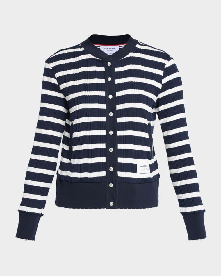 Striped Cotton Rib Crewneck Cardigan by THOM BROWNE