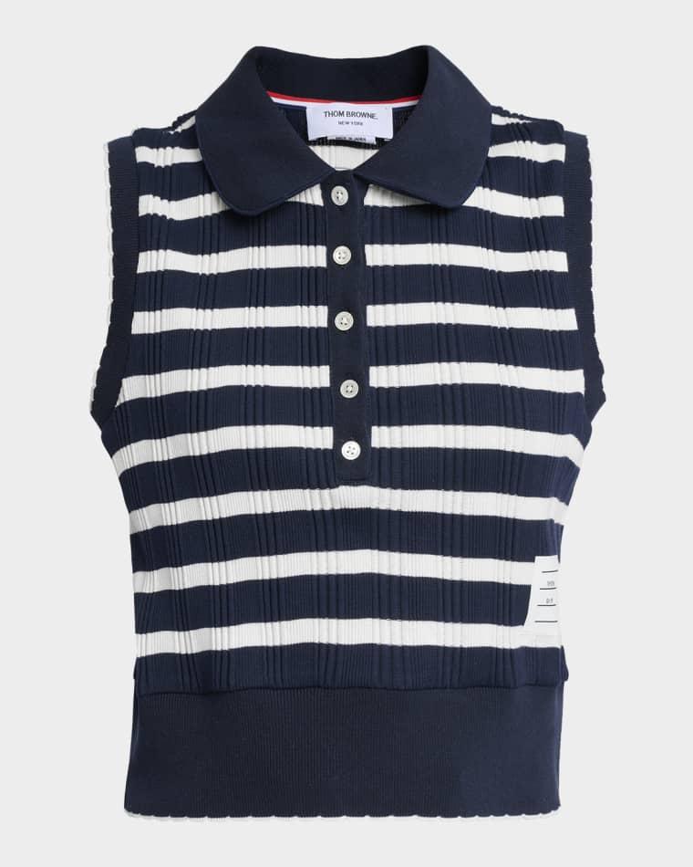 Striped Ladder Rib Sleeveless Polo Top by THOM BROWNE
