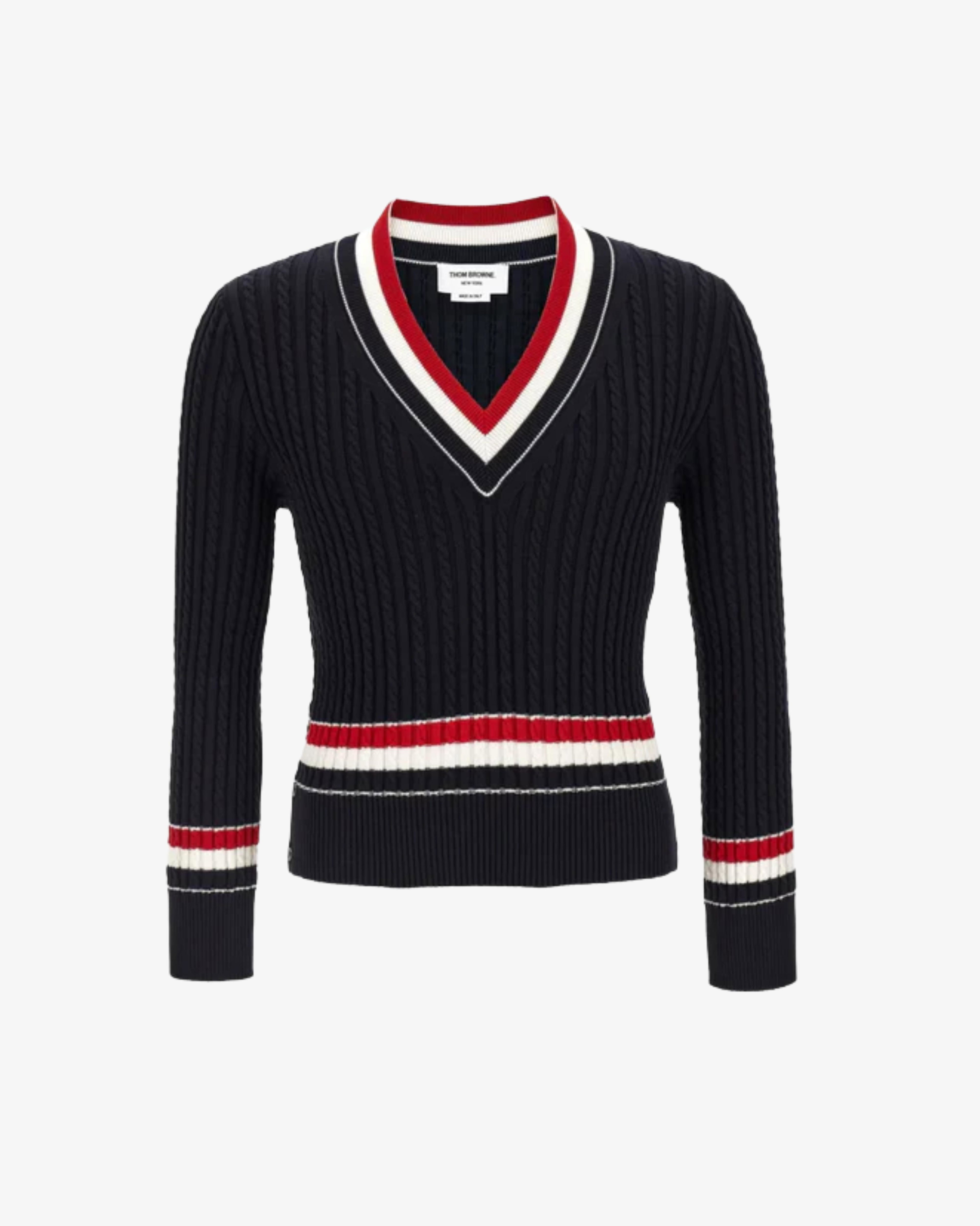 Thom Browne - Men's Baby Cable V Neck Cricket Pullover - (Navy) by THOM BROWNE