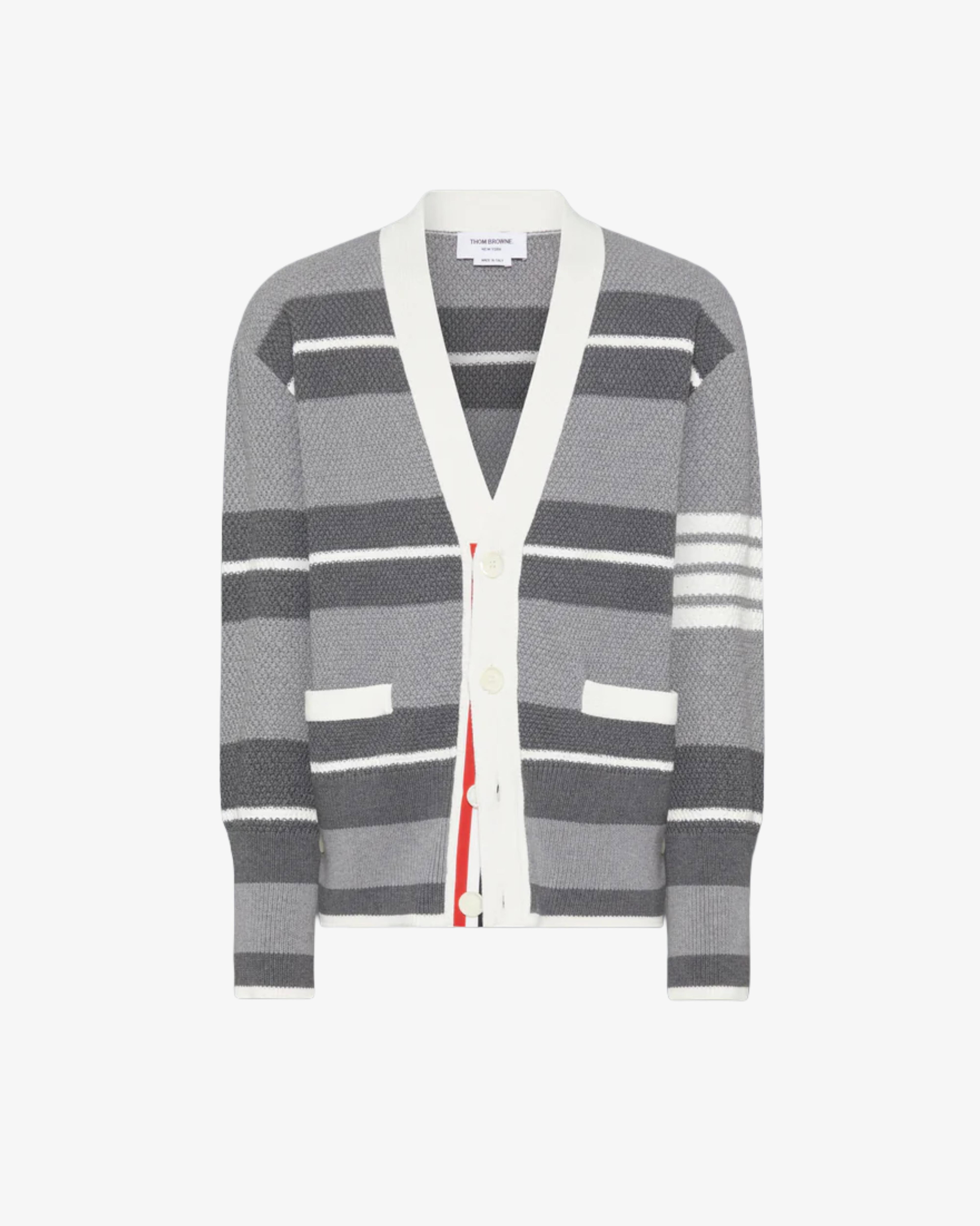 Thom Browne - Men's Classic Stripe Seed Stitch V Neck Cardigan - (Dark Grey) by THOM BROWNE
