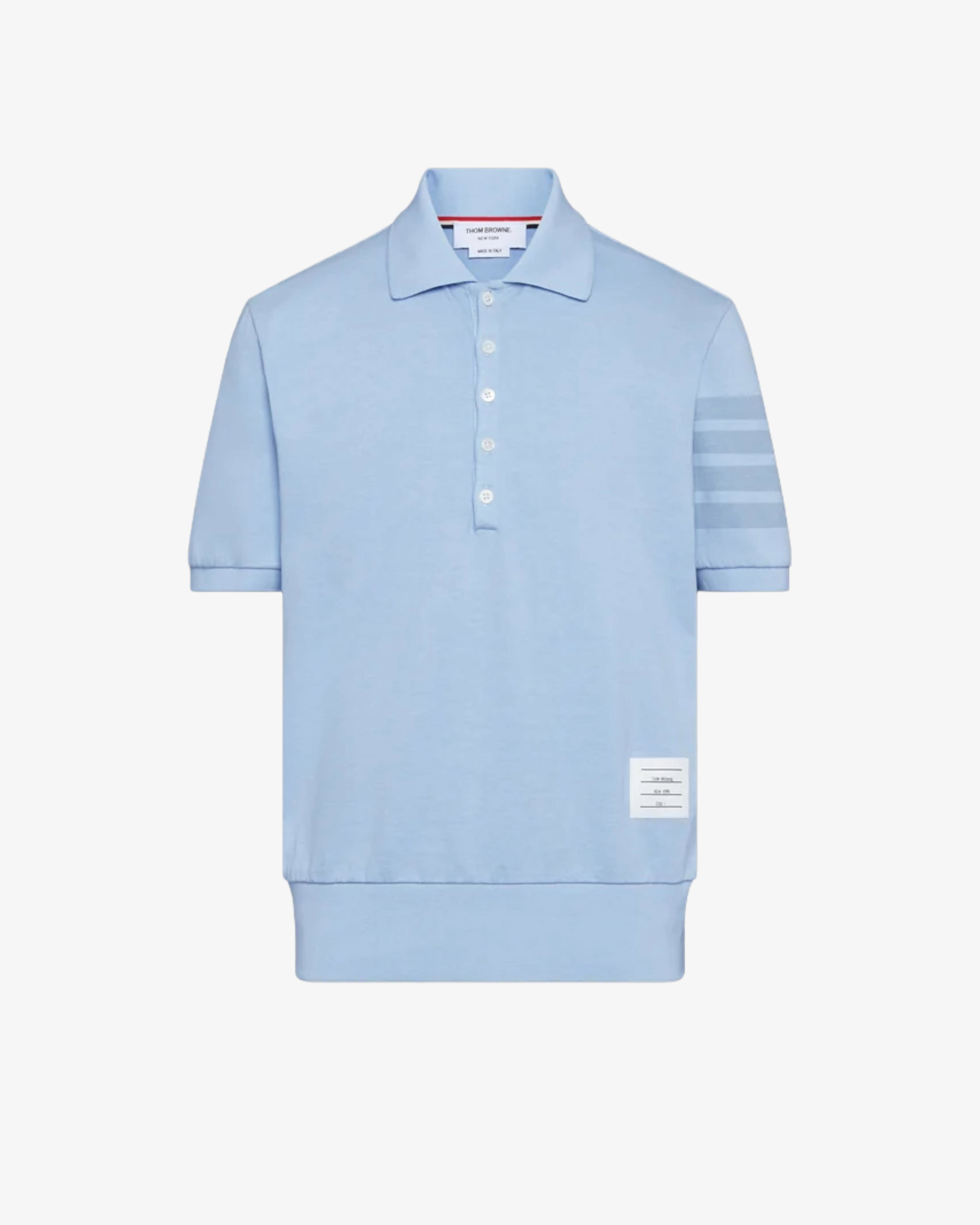 Thom Browne - Men's Garment Overdyed Jersey 4-Bar Polo - (Light Blue) by THOM BROWNE Thom Browne - Men's Garment Overdyed Jersey 4-Bar Polo - (Light Blue) by THOM BROWNE