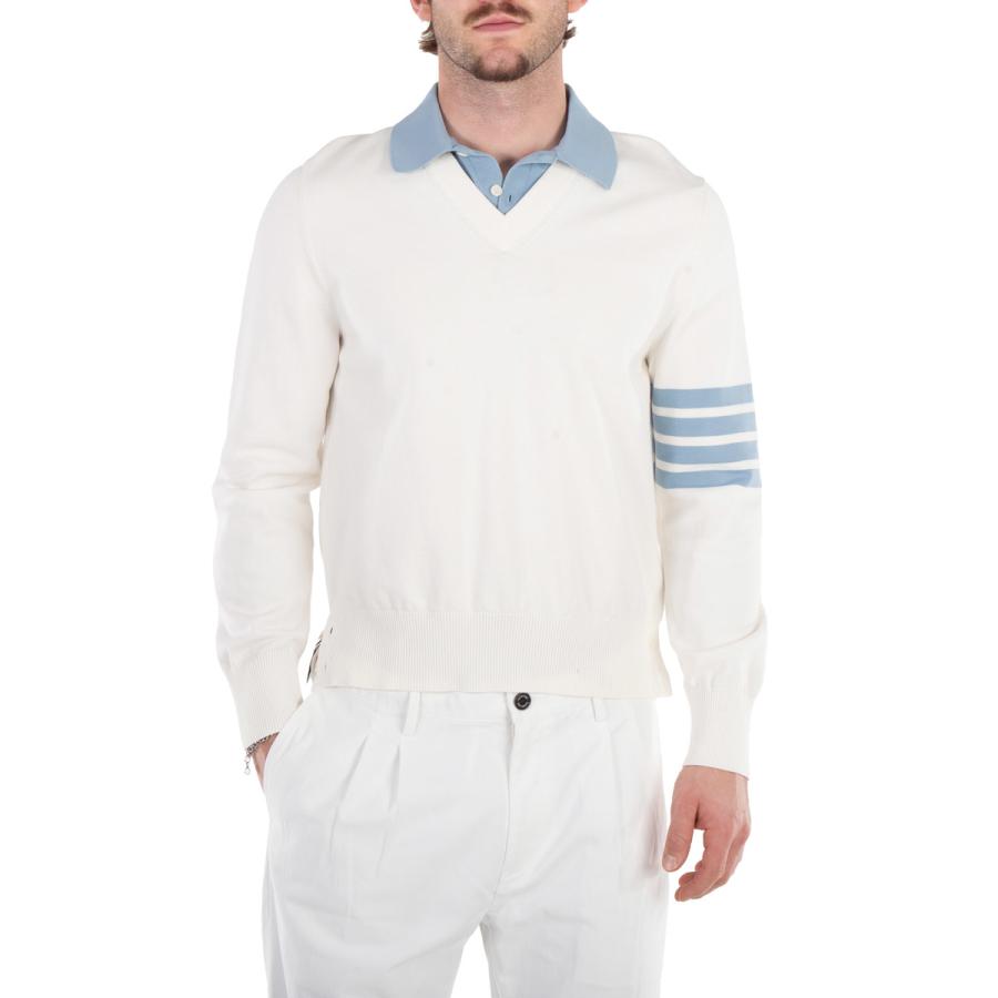 Thom Browne Mens Jersey 4-Bar V Neck Polo Pullover in White by THOM BROWNE