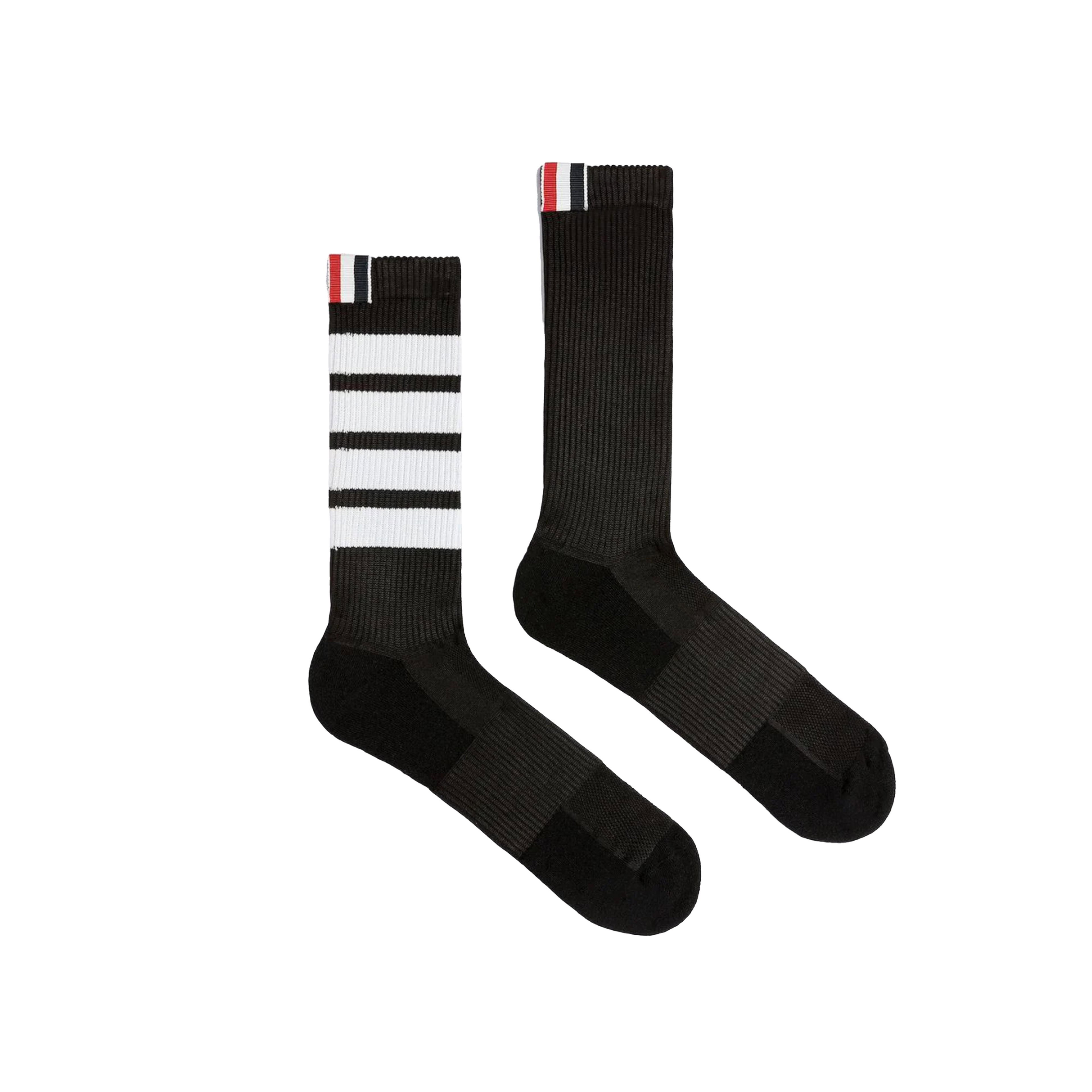 Thom Browne - Polyester Tech 4-Bar Mid Calf Socks - (Black) by THOM BROWNE