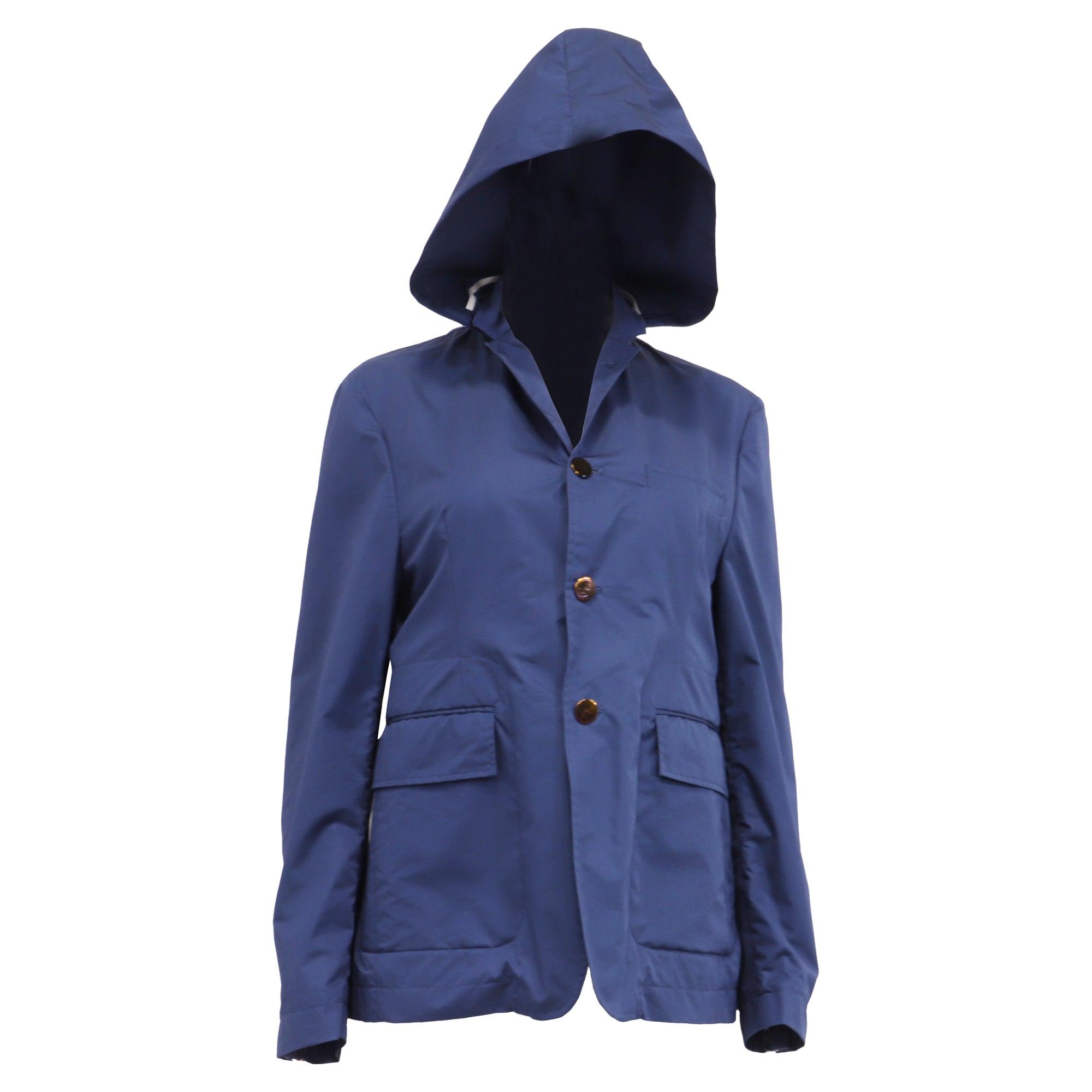 Thom Browne Single-Breasted Hooded Blazer in Navy Blue Cotton by THOM BROWNE