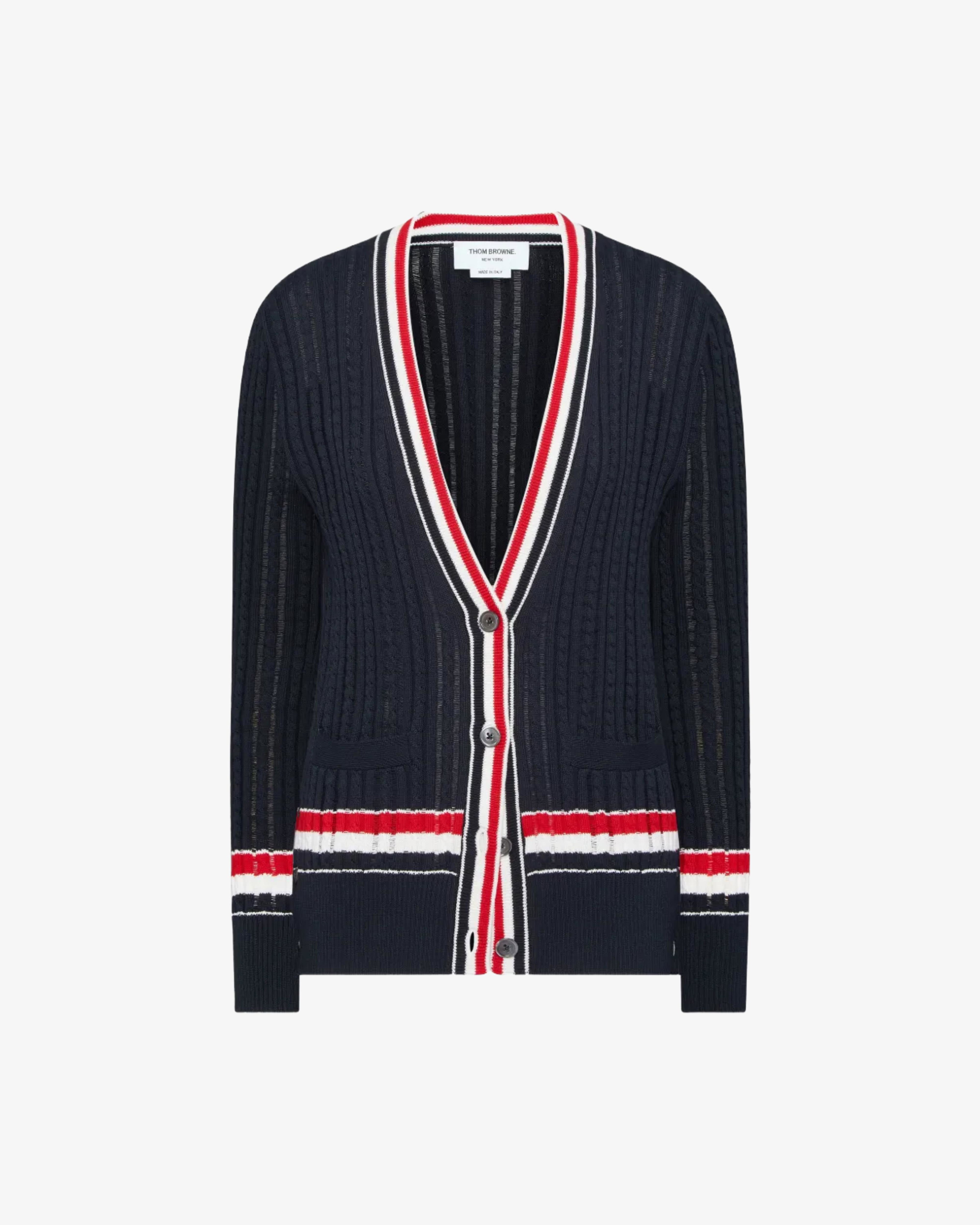 Thom Browne - Women's Stripe Cable Cardigan - (Navy) by THOM BROWNE