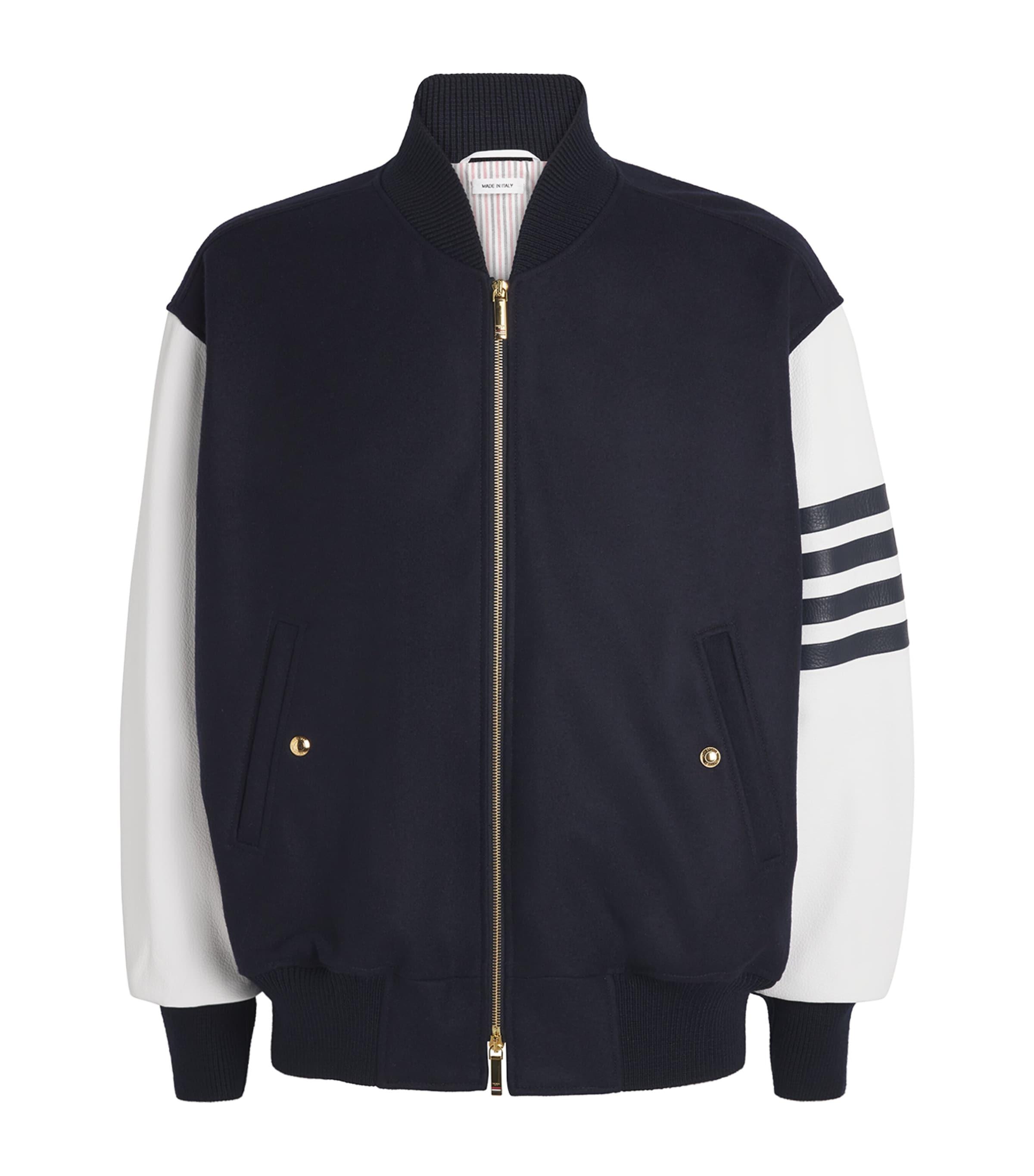 Thom Browne Wool-Leather 4-Bar Oversized Bomber Jacket by THOM BROWNE