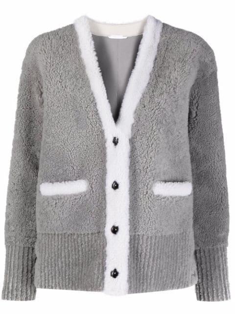 V-neck contrast-trim shearling cardigan jacket by THOM BROWNE