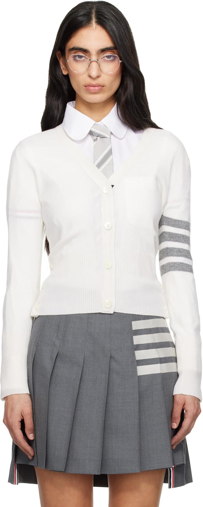 White Classic Cashmere 4-Bar V-Neck Cardigan by THOM BROWNE