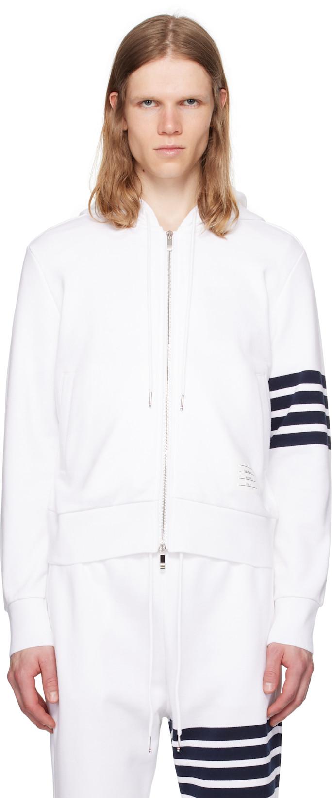 White Classic Loopback 4-Bar Zip Up Hoodie by THOM BROWNE