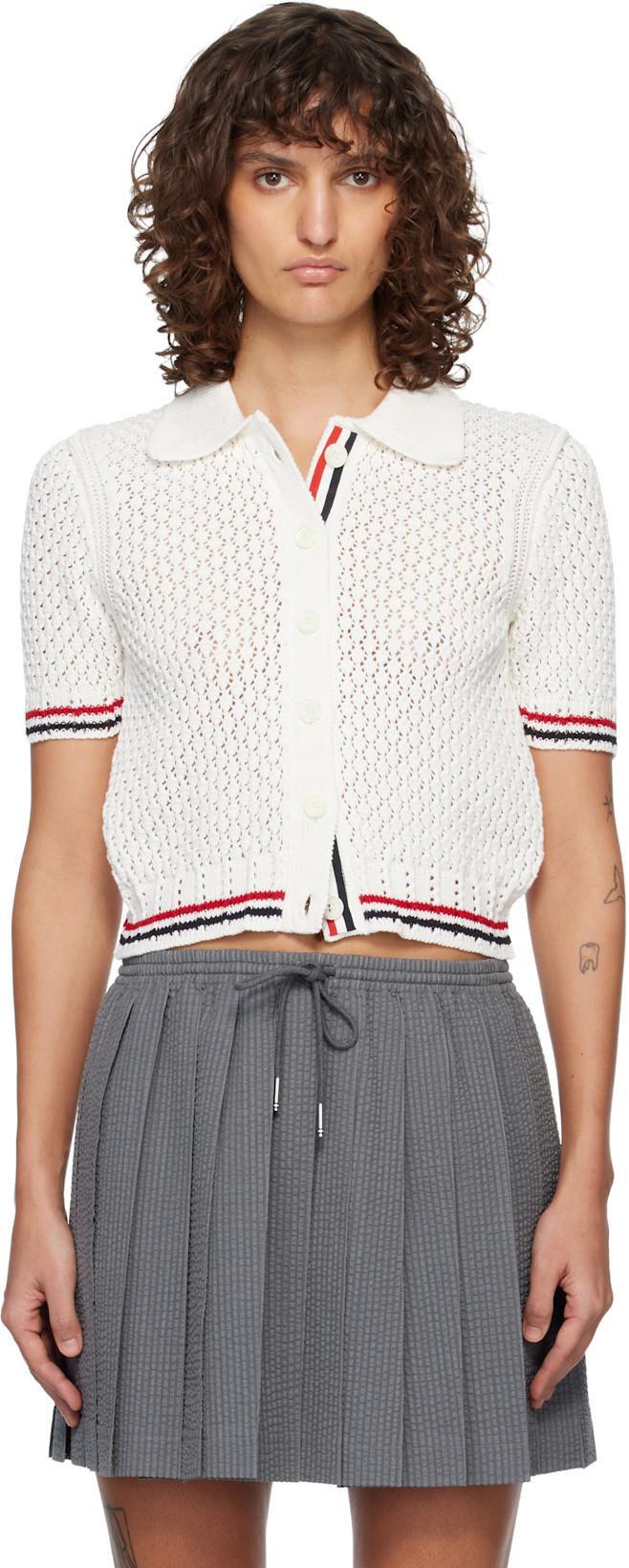 White Hector Pointelle Short Sleeve Cardigan by THOM BROWNE