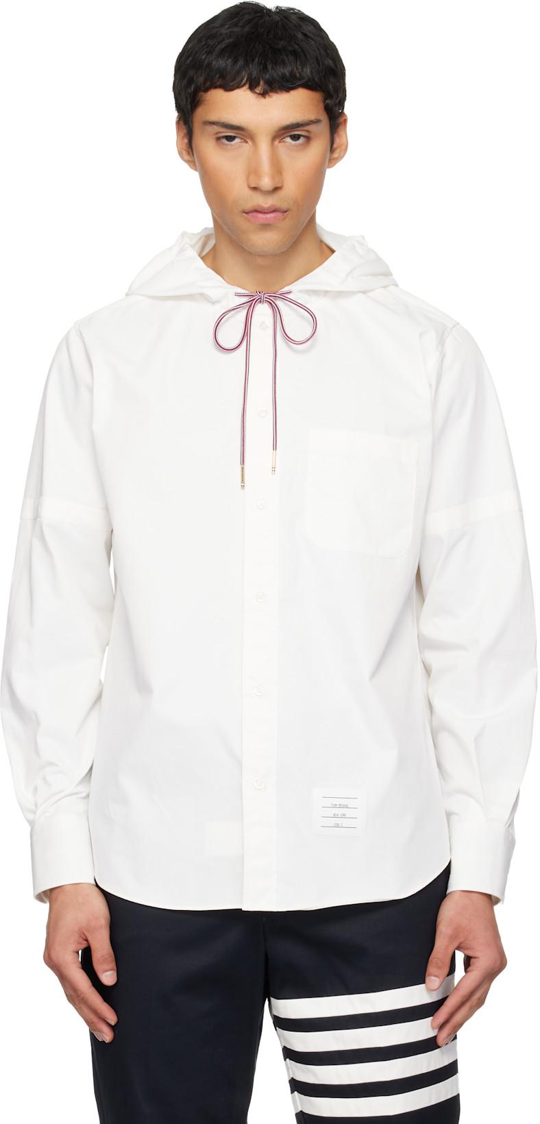 White Hooded Nylon Armband Shirt Jacket by THOM BROWNE