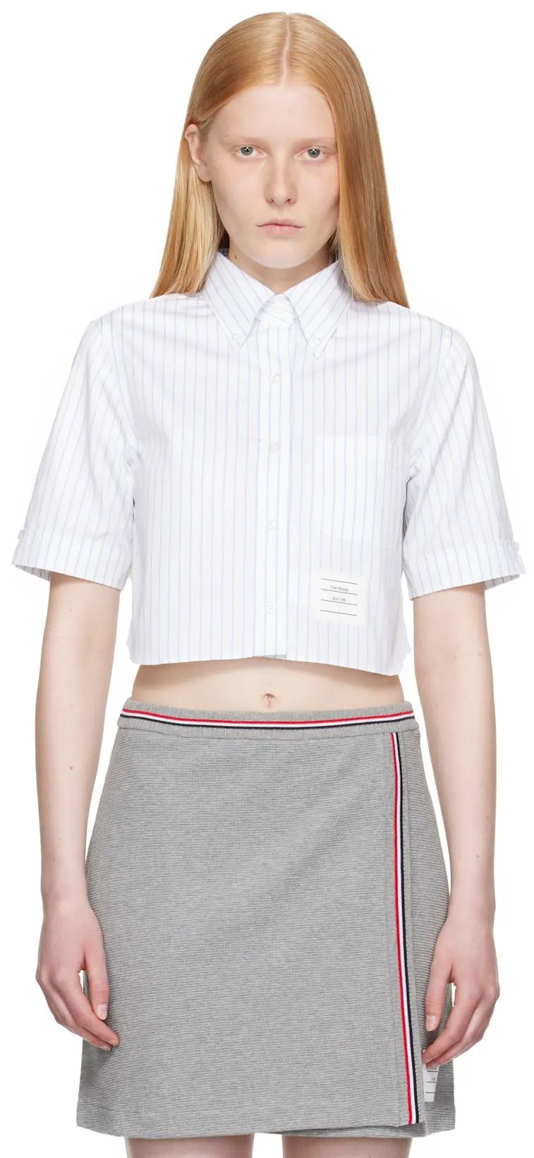 White Pinstripe Poplin Cropped Short Sleeve Shirt by THOM BROWNE